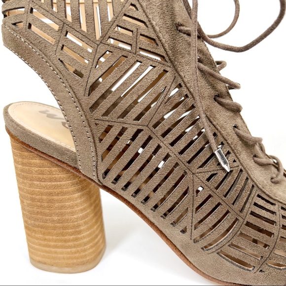 Sam Edelman Rocco Lace Up Heel Sandals Taupe Laser Cut Faux Suede Booties - Picture 3 of 10